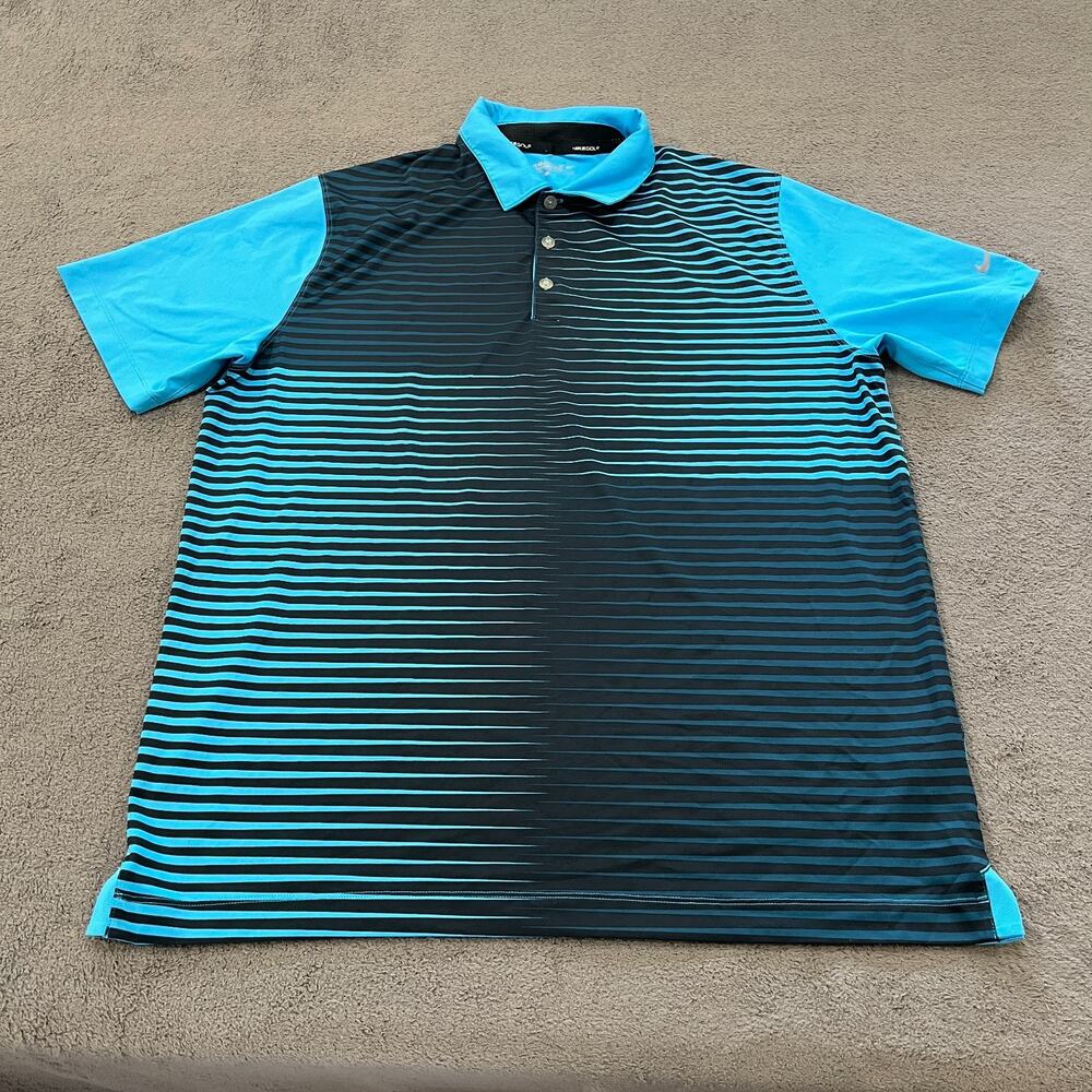 Nike Blue Black Striped Short Sleeve Performance Fit Golf Shirt Men's Size Large